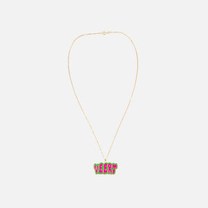 VEERT Retro Logo Pendant with Chain - Yellow Gold / Green / Pink